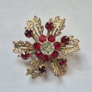 Vintage Red Rhinestone Floral Brooch Gold Tone Leaf Spray